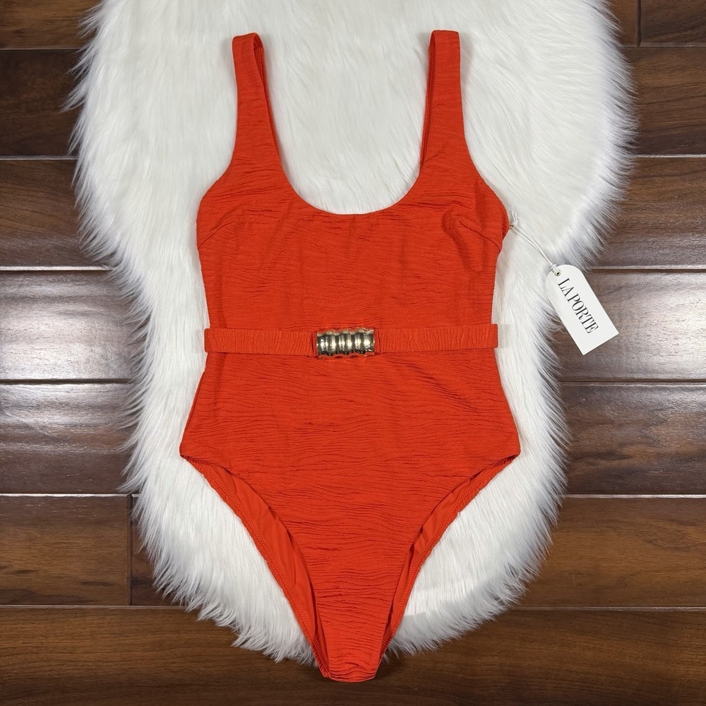 La Porte Women's Size Small Tangerine Orange Belted Mandy One Piece Swimsuit